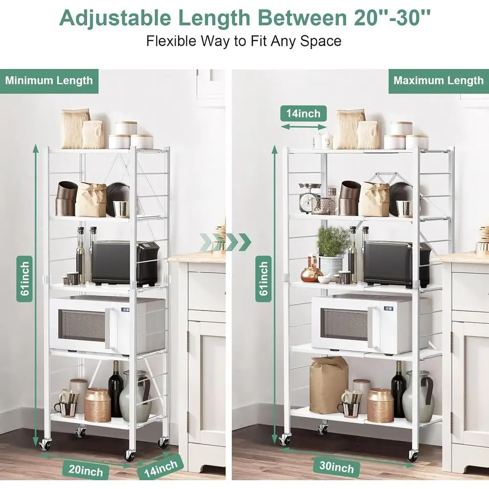 Регулируемые 5-уровневые складные металлические полки на колесах, стеллаж для хранения на 2 предмета, для кухни, комнаты, гаража, белый