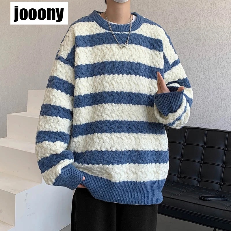 캐주얼 풀오버 올매치 따뜻한 니트 상의, 스플라이스 루즈 한국 스트라이프 스웨터, O-넥 남성 의류, 다목적 신상 패션