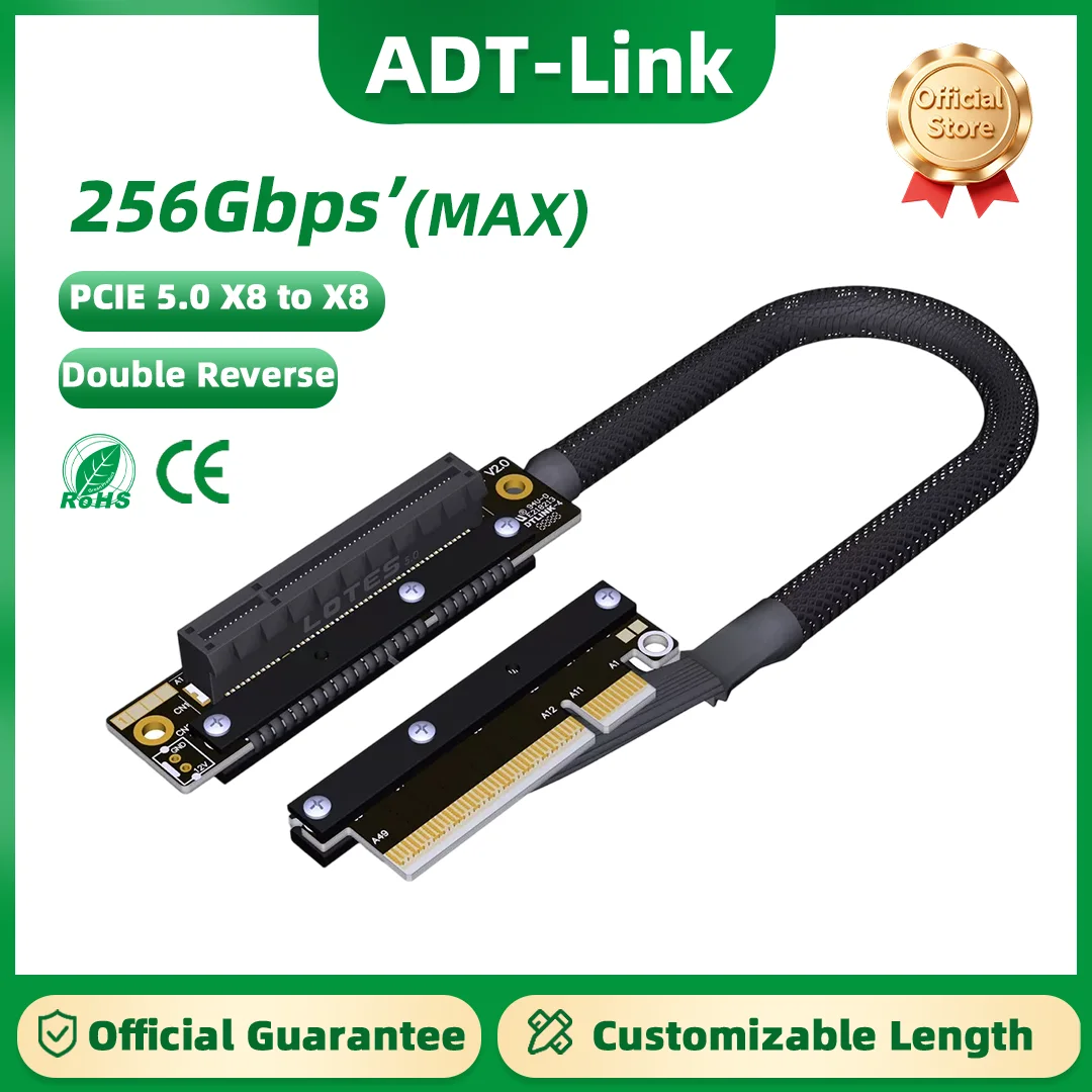 ADT-Link PCIe 5.0 X8 Dual Reverse Bend GPU Extension Cable High Speed Lossless eGPU Riser Cable For Graphics Card RTX 4090 5090