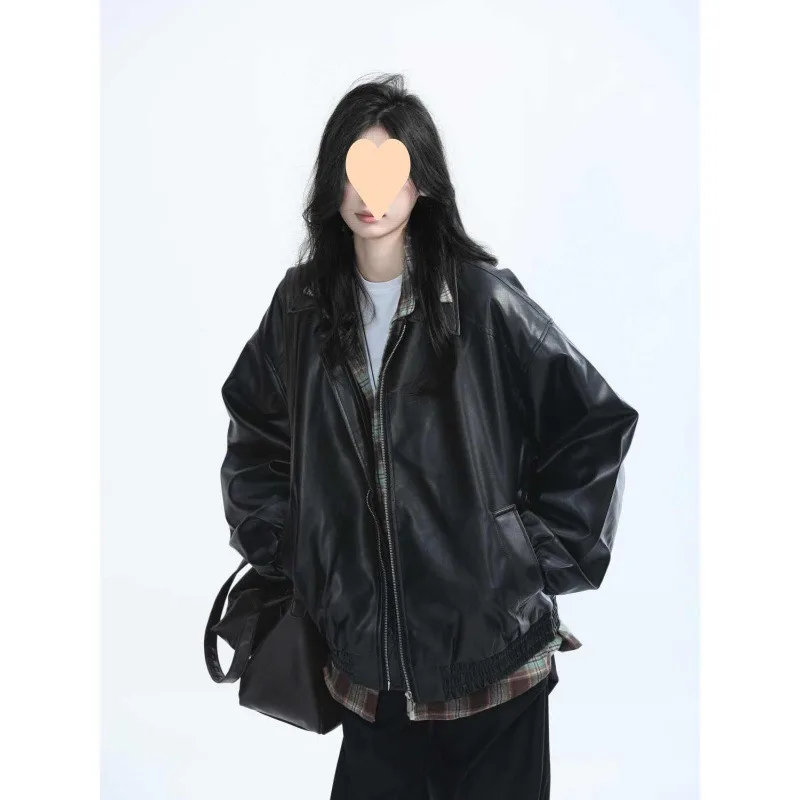 2025 New Brown Motorcycle PU Leather Jacket Women's Loose Long Sleeves Retro Style Autumn Fashion Lapels Spliced Women's Coat