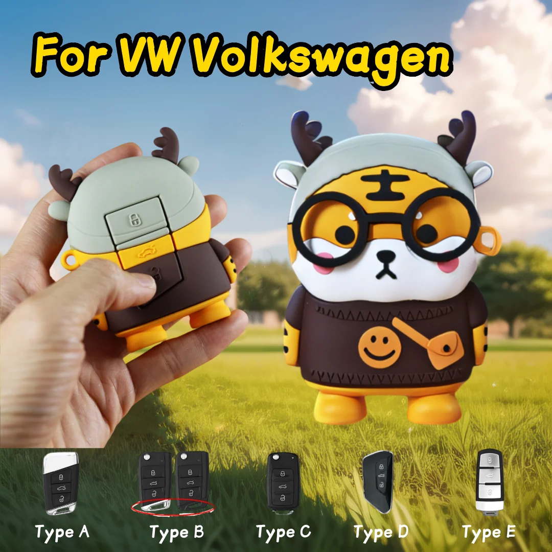 Cartoon Tiger Car Key Case Cover For VW Golf 7 GTI POLO T-Cross T-Roc Touran Tiguan Skoda Octavia Rapid Kodiaq Fabia Seat Ibiza