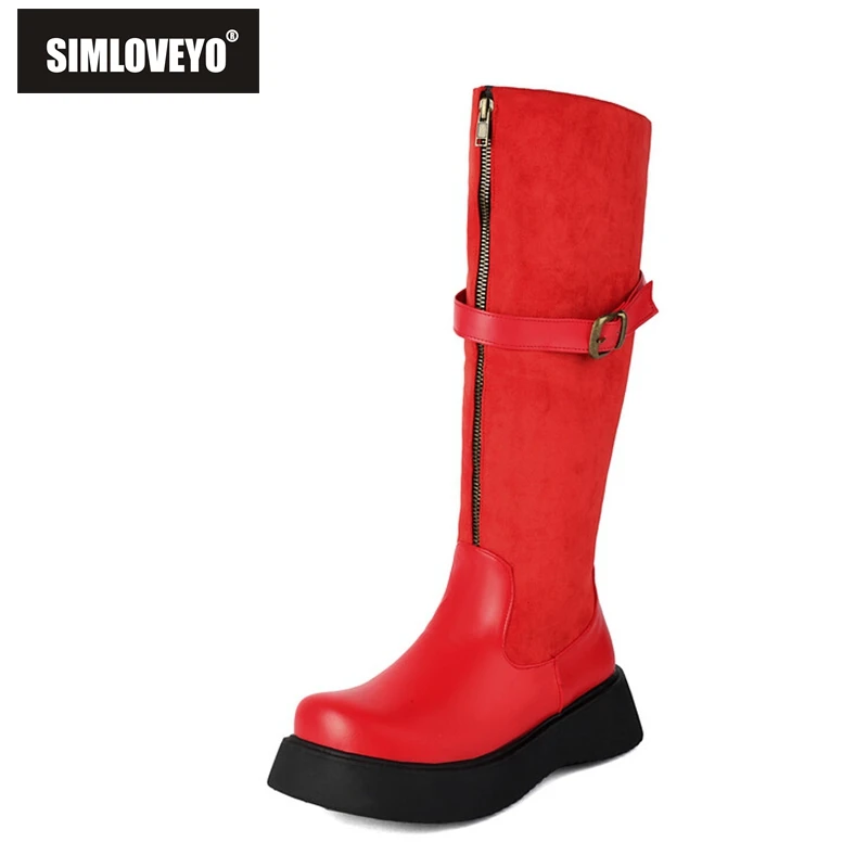 

Женские флоковые сапоги SIMLOVEYO, длинные сапоги на платформе 4 см с круглым носком, большие размеры 42 43 US12, черные, красные сапоги с пряжкой