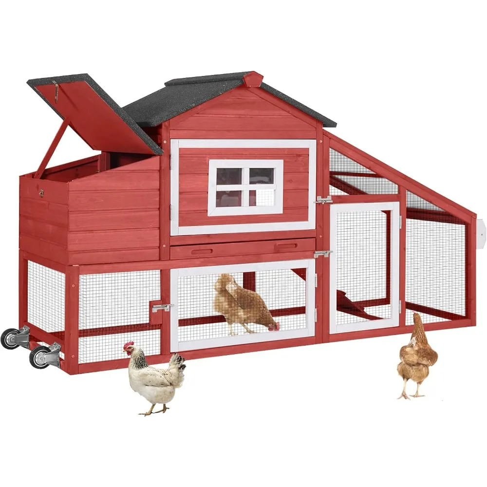 Chicken Coop Outdoor with Wheels, Mobile Hen House Wooden Poultry Cage with Run & Waterproof Roof (Red with White)