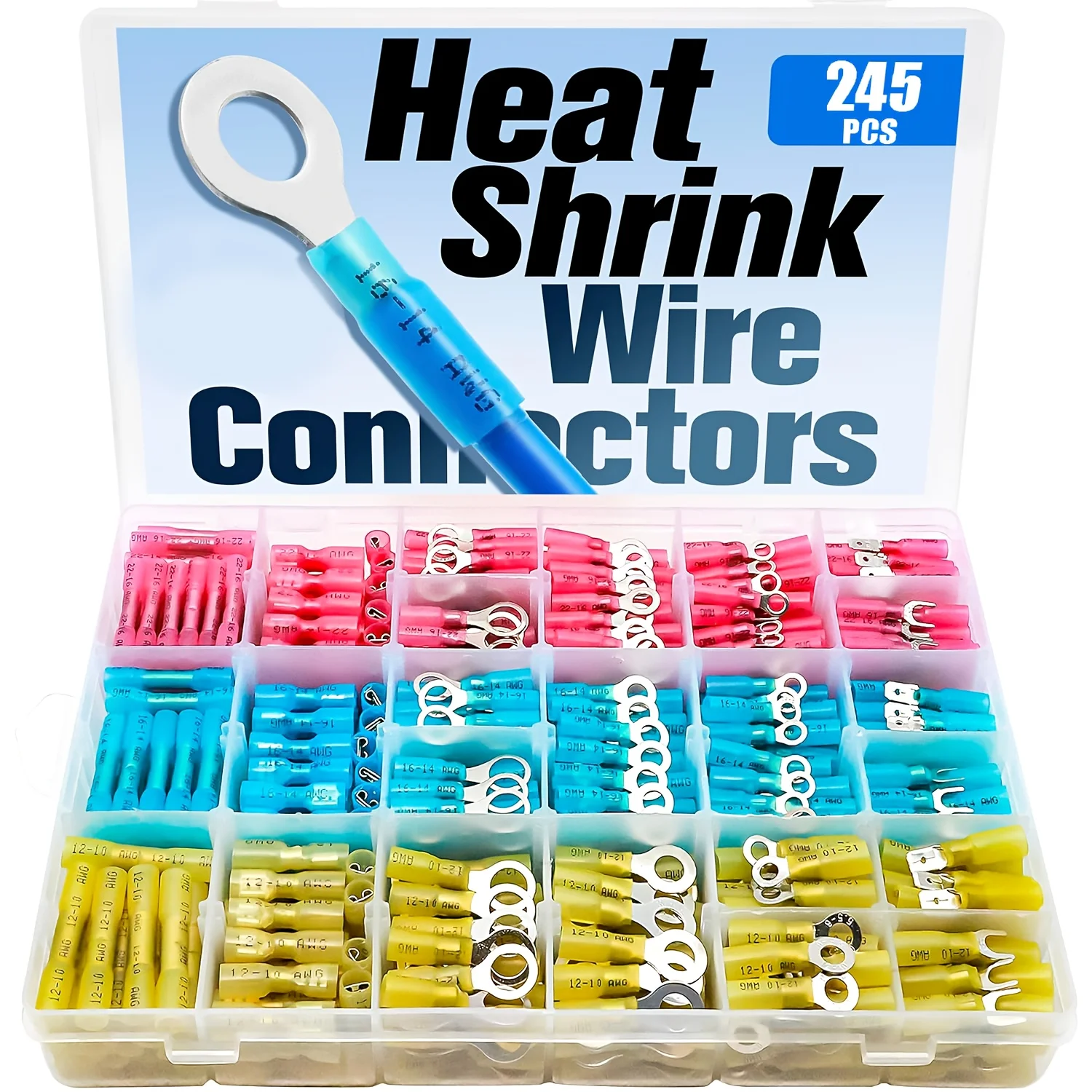 245 electrical connectors - Electrical connector kit, tin-plated copper material, with crimped insulating ring fork-shaped connector, angled connector (21 sizes) 16-14, 22-16, 12-10 specifications, used for crimp terminals in electrical wiring kits