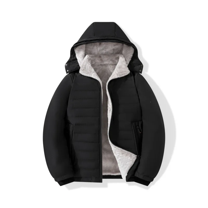 Men's Thickened Winter Fleece Jacket with Hood Lined Warm Casual Outerwear for Middle-Aged Men