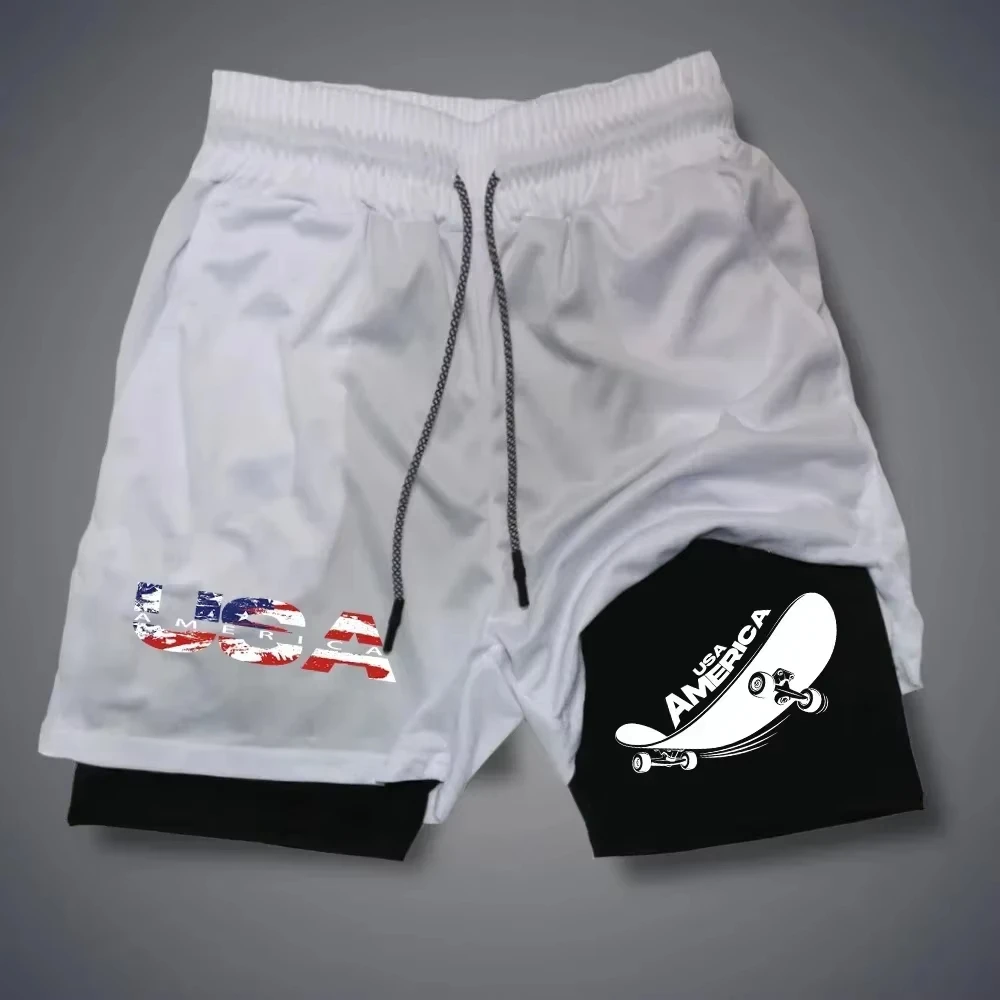 2025 الإبداعية الكتابة على الجدران الطباعة الرجال رياضة اللياقة البدنية الرياضة مزدوجة تنفس السراويل موضة عادية 2 في 1 السراويل خط M-3X