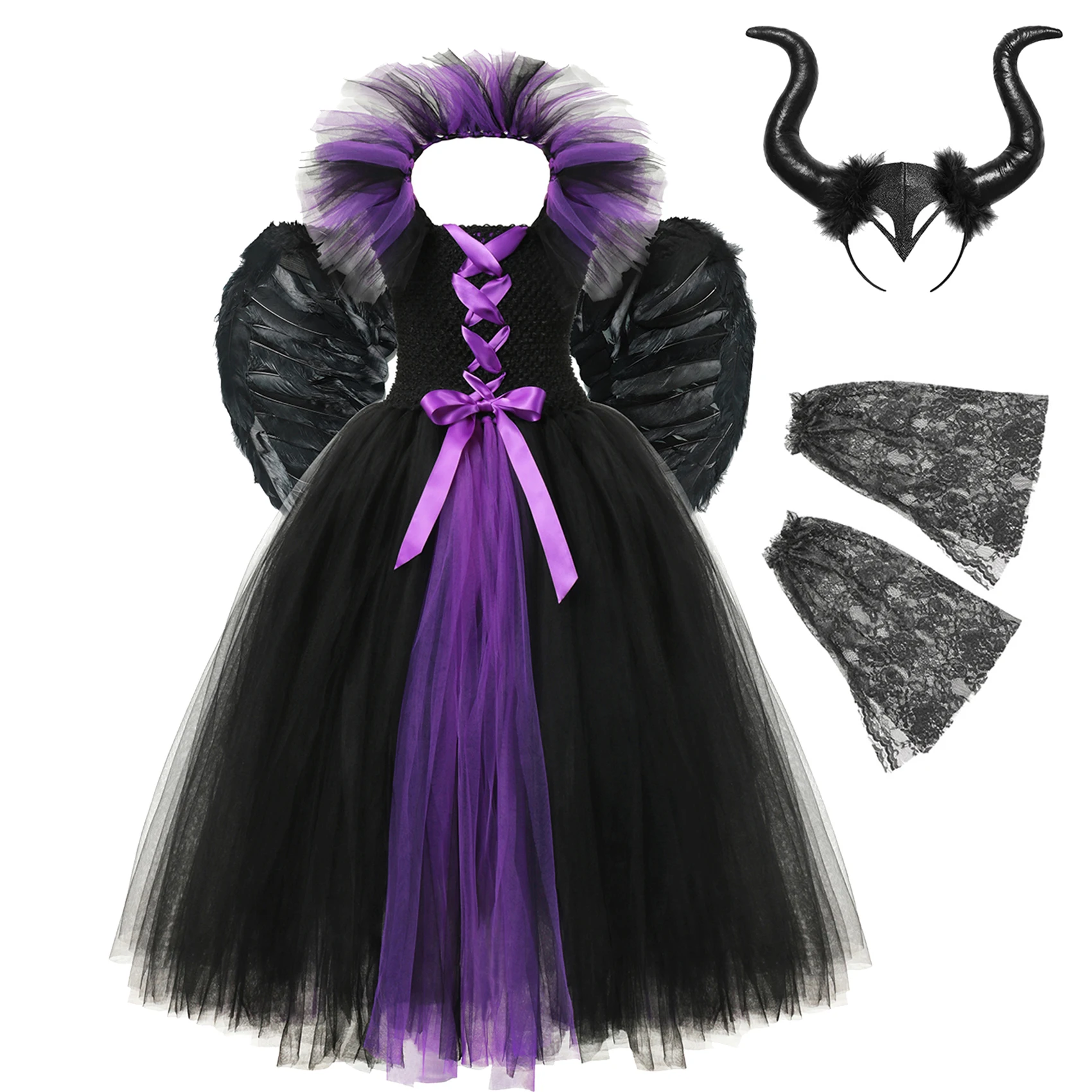 Disney Halloween Maleficent Witch Costume Kids Cosplay Demon Queen Dresses Deluxe Tail Girls Fancy Black Glam Gown Tutu Clothes