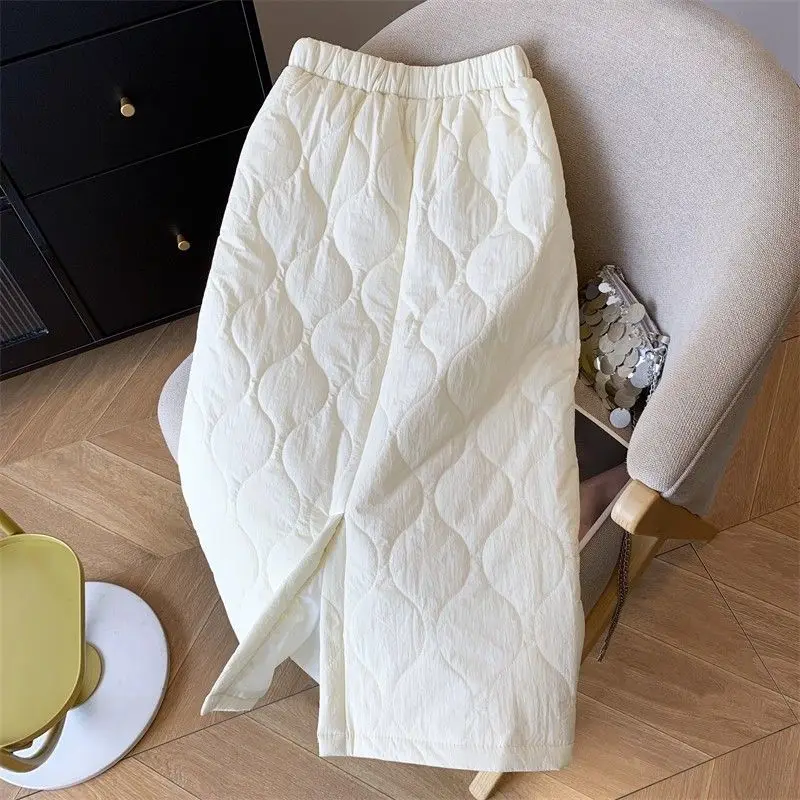 伸縮性ウエストのコットンスカート レディース 2025秋冬 厚手 中綿入り 保温 ストレート ロングスカート