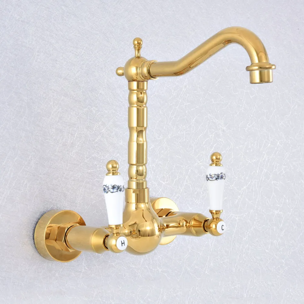 

Polished Gold Color Brass Bathroom Kitchen Sink Basin Faucet Mixer Tap Swivel Spout Wall Mounted Dual Ceramic Handles msf610