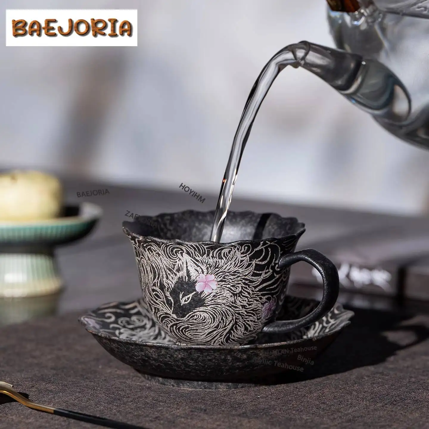150ml Gilt Silver Nine-tailed Silver Fox Coffee Mug With Plate Cappuccino Latte Cup Afternoon Tea Mug Cup Saucer Kit Drinkware