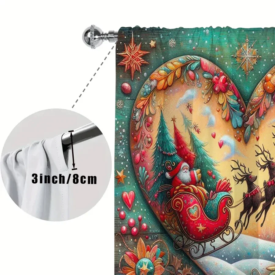 2PCS Heart Shape Christmas Curtains, Santa Reindeer Sleigh Folk Art Pattern, Rustic Holiday Window Drapes for Bedroom Living