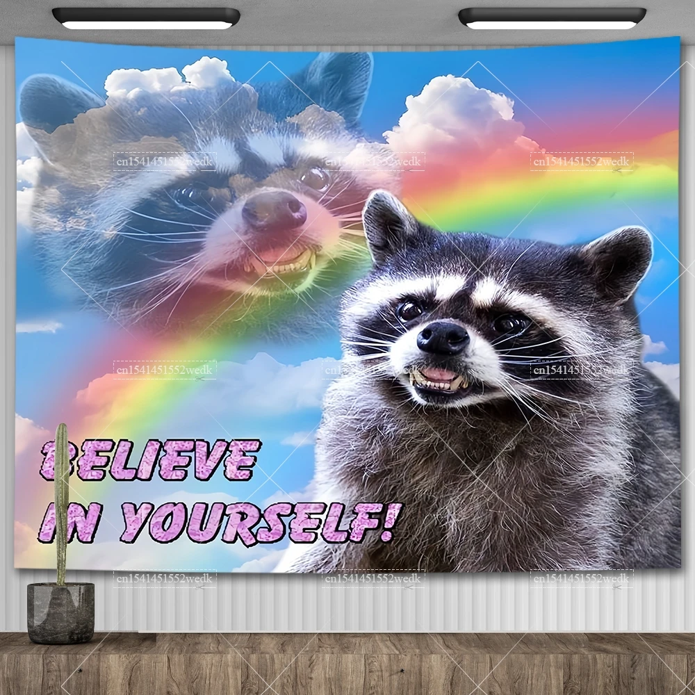Tapiz de dibujos animados de mapache para colgar en la pared, estético, decoración de dormitorio, Bandera de mapache
