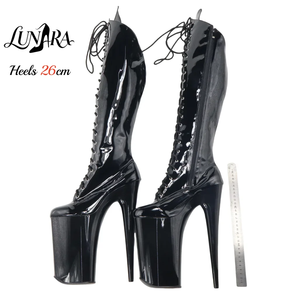 26cm/10Inch Black Patent leather Lace-up Zip Platform Extreme heels Knee high boot Stripper shoe Pole dance Nightclub Rave Party
