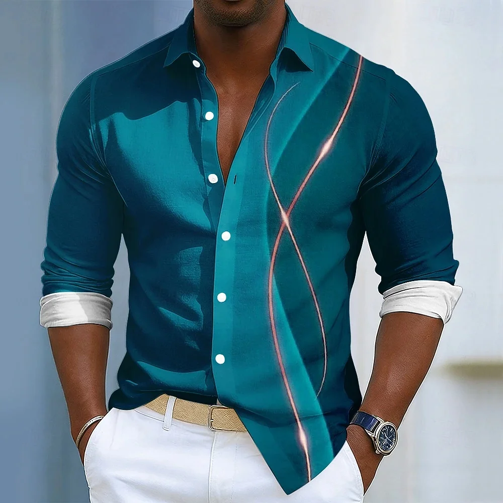 Men's Fashionable Lapel Shirt with Green Purple Curve Printing, Comfortable and Soft Fabric, Street Casual Plus Size Shirt