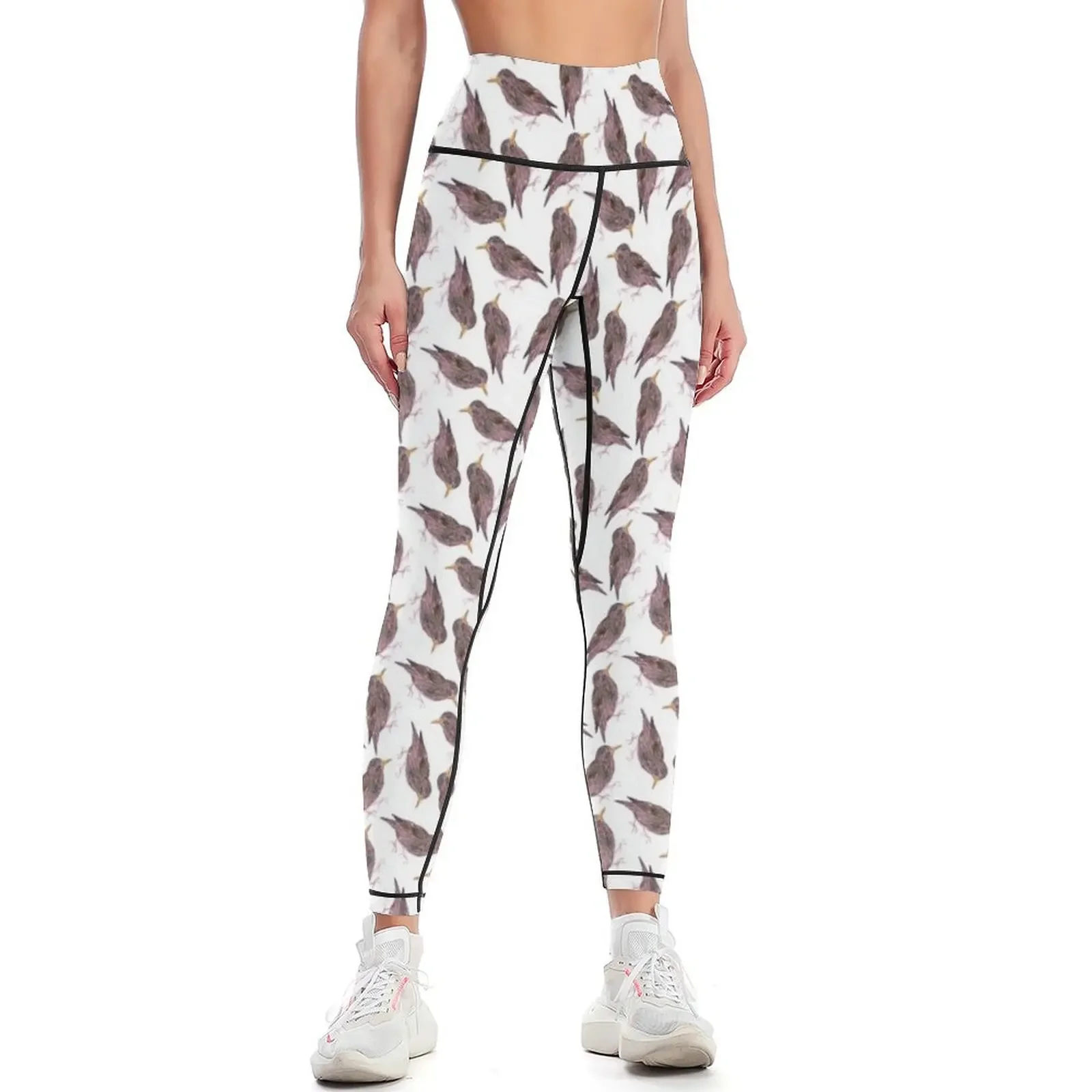 Common starling or European starling or Sturnus vulgaris bird seamless watercolor birds painting Leggings