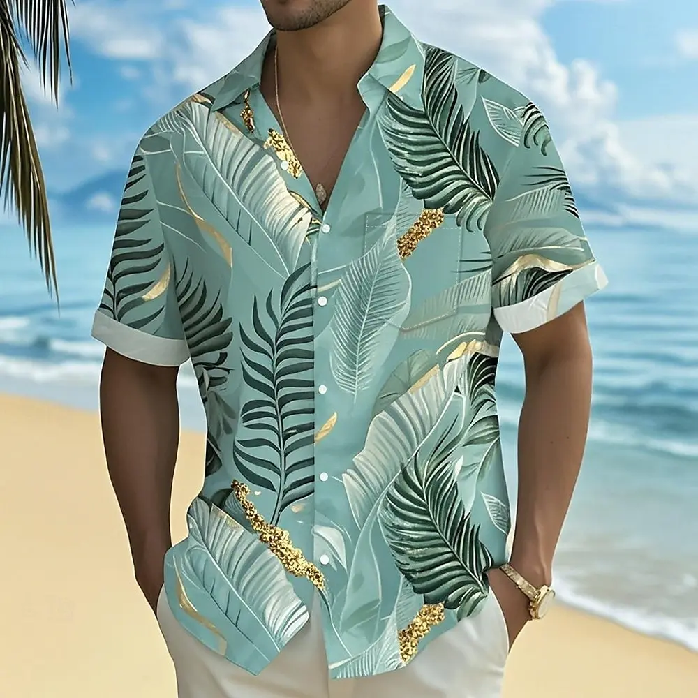

Summer Men's Leaf Print Shirt Outdoor Daily Casual Lapel Button Short Sleeve Shirts Loose Comfortable Fashion Refreshing Clothes
