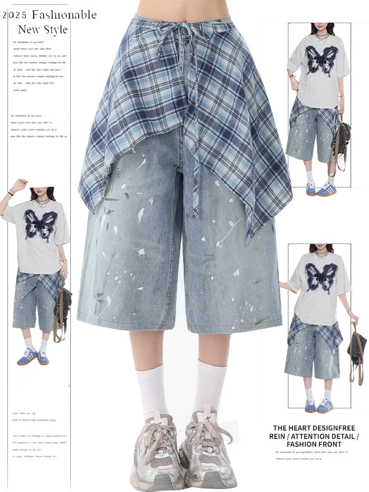 

Retro American Spill-Dye Design Checkered Skirt Loose Wide-Leg Seven-Piece Denim Shorts Women Summer High Waist Casual Jeans