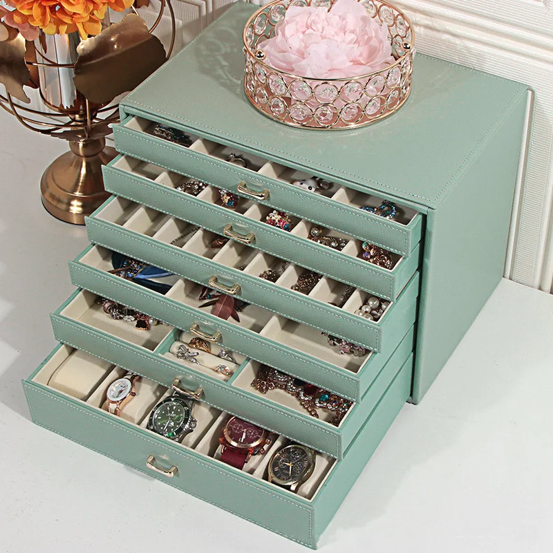 Multi-functional Jewelry Box Watch Box Desktop Storage Large 6-layer Drawer Luxury Leather Jewelry Gift Box for Girlfriend