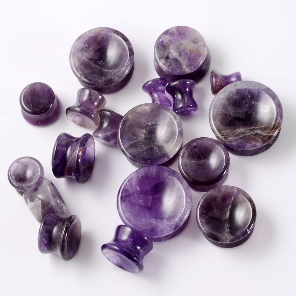 1Pair Amethyst Tiger Cat Eye Ear Plug, Double Flare