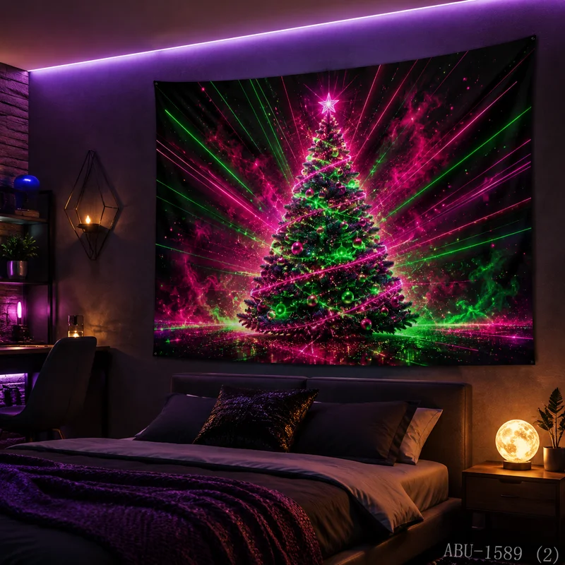 VIKAMA Neon Green Pink Wireframe Tree Tunnel Cyber Grid Reflection Laser Black Art Christmas Tapestry Wall Hanging Bedroom Soft