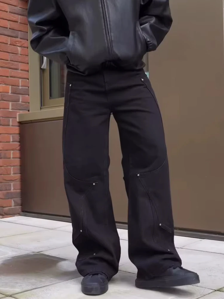 خمر التطريز فضفاض مستقيم الجينز رجالي خريف شتاء أنيق المرقعة سراويل جينز الرجال المألوف بلون جان