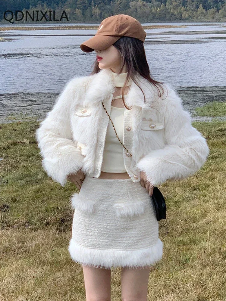 

Two-Piece Set of Faux Fur Coat for Women, Short and Thickened Jacket, Mini Skirt, Little Fragrant Style, Autumn and Winter