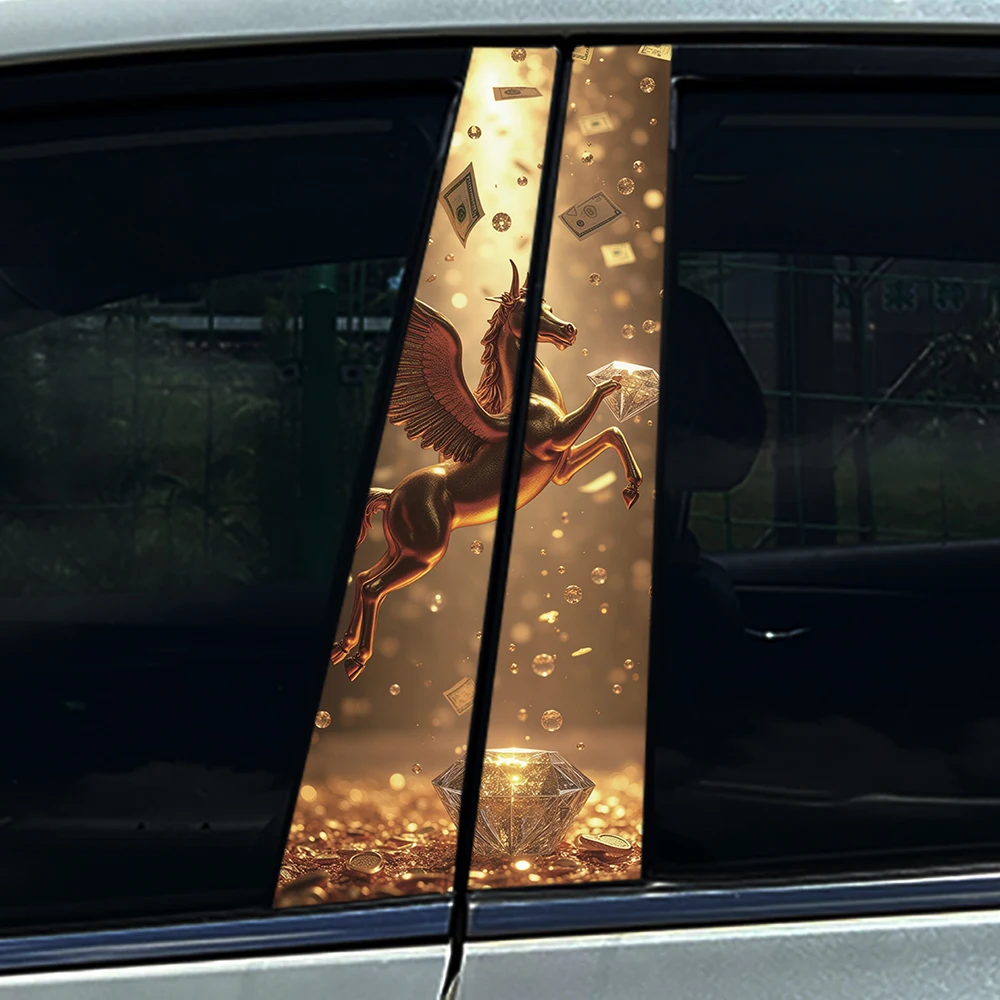 2PCS Myth Winged Pegasus Car B Pillar Sticker, Golden Money Diamond Design PET Decal Resistant Auto Exterior Decor