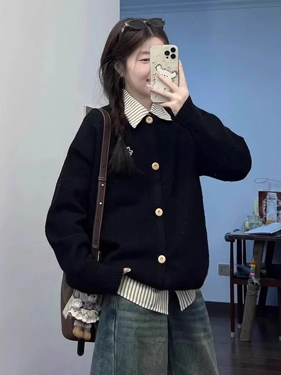 

Korean Sle Splice irt Collar Fake Two-Piece Knitwear Women's Autumn Ne High-End Lazy College Sle Open Cardigan