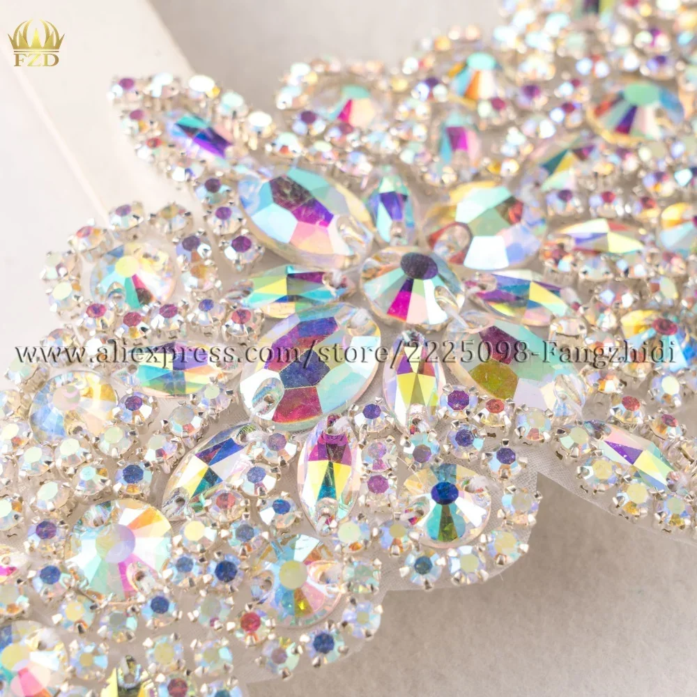 FZD 1 PC AB Sliver Crystal Rhinestone Applique Welding Flower Patch Sew on Wedding Dress Sleeves Accessories Rhinestone Applique