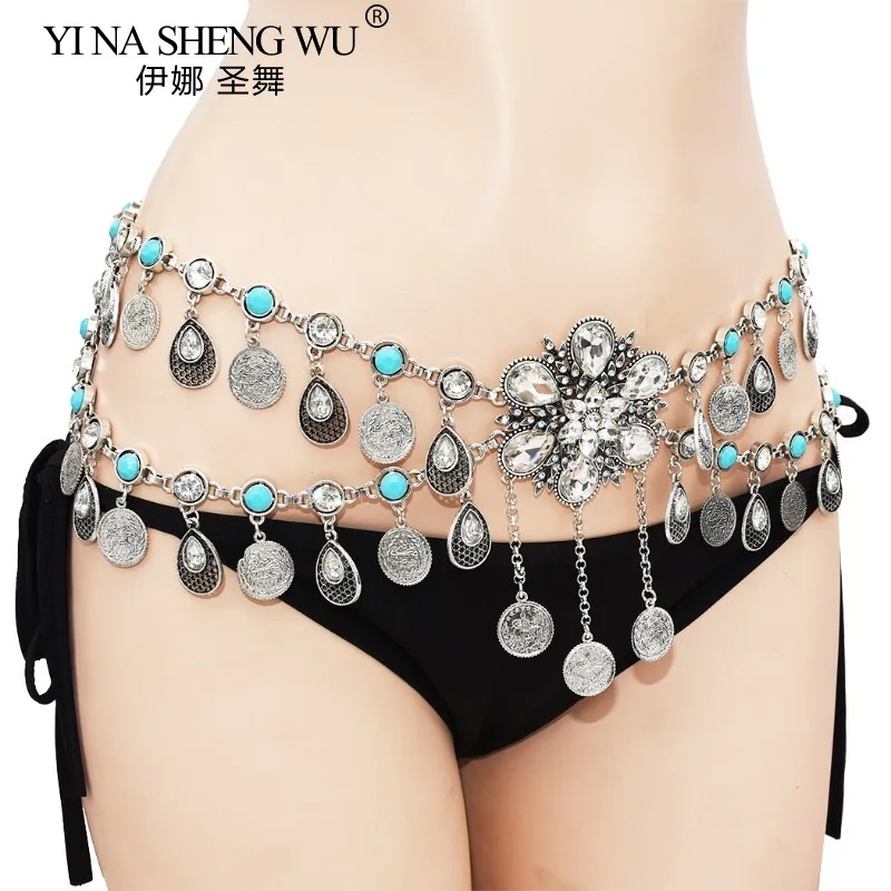 Monedas de aleación Vintage, cadenas largas con borlas para la cintura, accesorios para actuación de danza del vientre, cinturones de danza india, joyería Bohemia Vintage para el cuerpo
