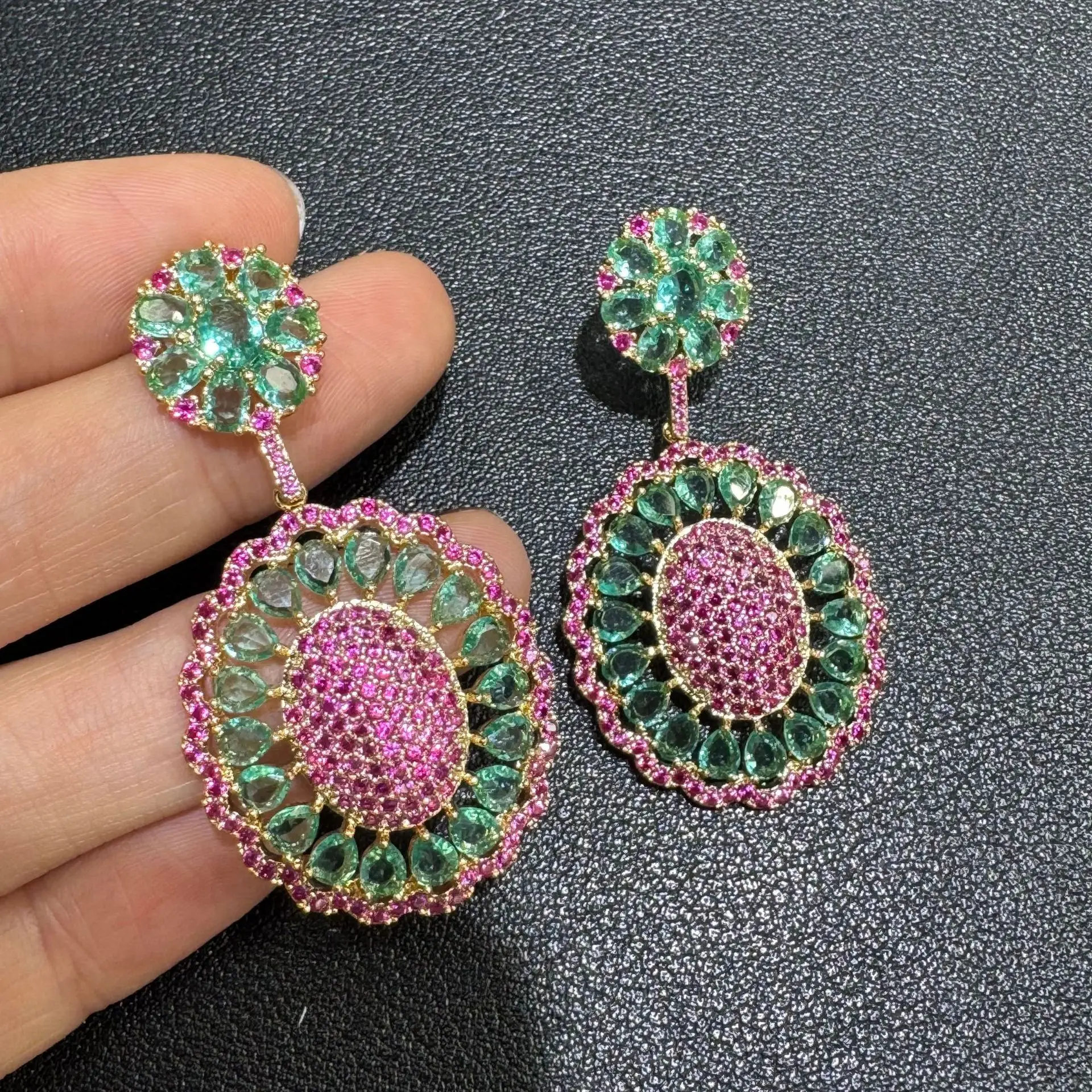 

cubic zirconia earrings for women shiny luxury jewelry pink green blue flower oval shape pendant earrings party wedding gift