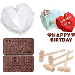 Silicone Diamond Love Baking Mold Set Letter Number Molds 1/6/8 Cavity Heart Mousse Pastry Cake Chocolate Soap Candle Mould