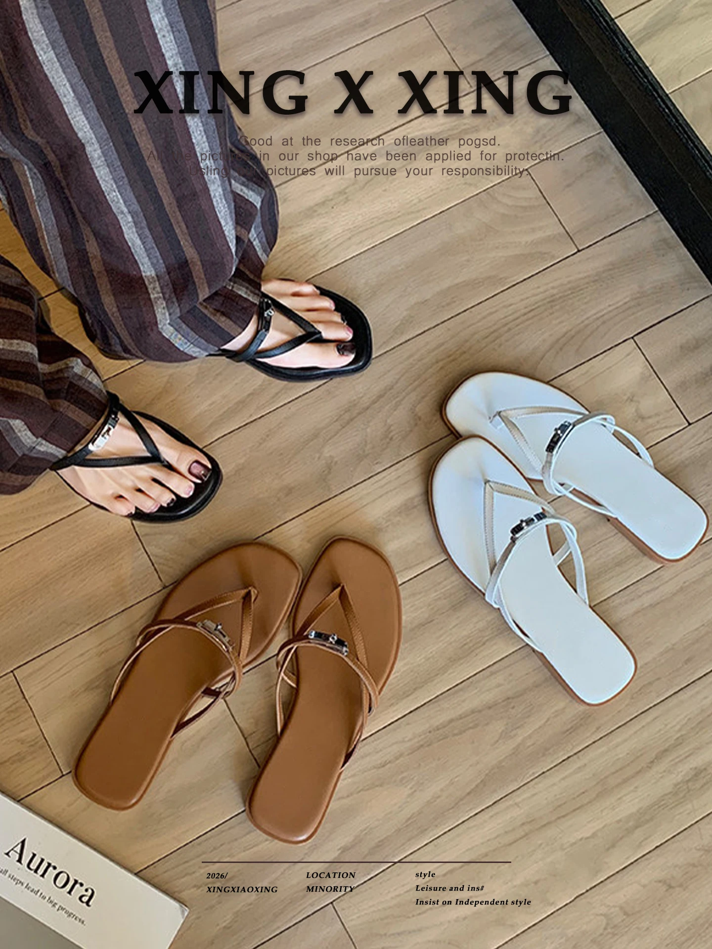 Retro Metal Lock Buckle Thong Sandals Women's Summer New Outdoor Beach Vacation Versatile Flat Bottom Cool Slippers