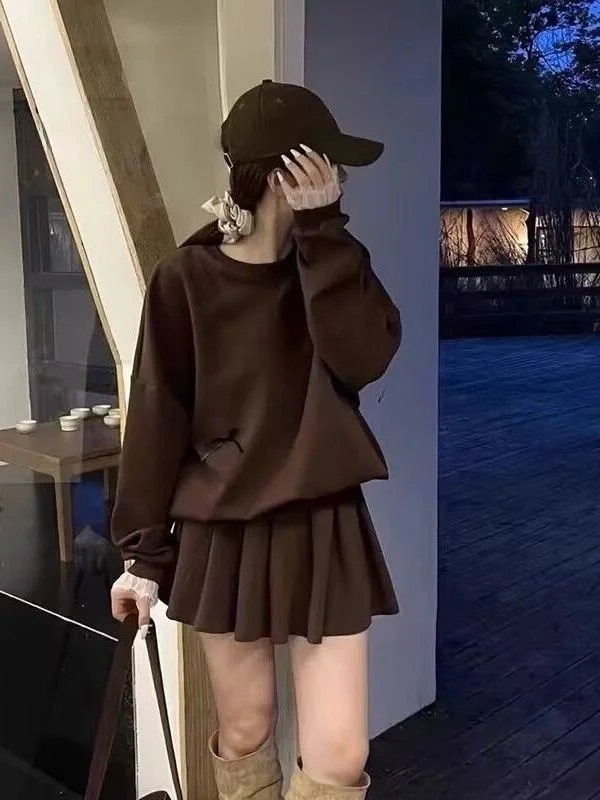 

plus Size Women's Long Sleeve Hoodie And High Waist Short Skirt Two Piece Set Korean Style Knot Autumn Fashion Outfit