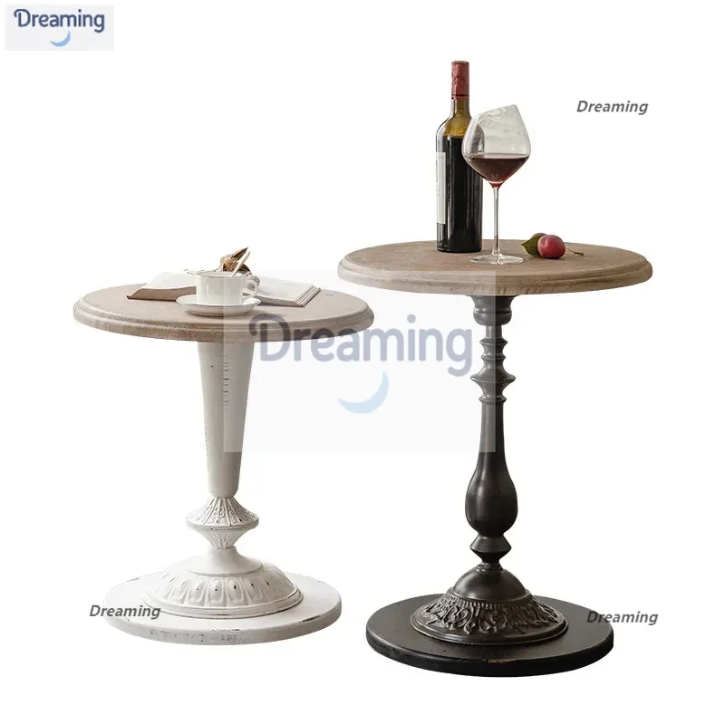 

Wrought iron coffee shop small round table, casual balcony edge few solid wood retro old household table, living room small
