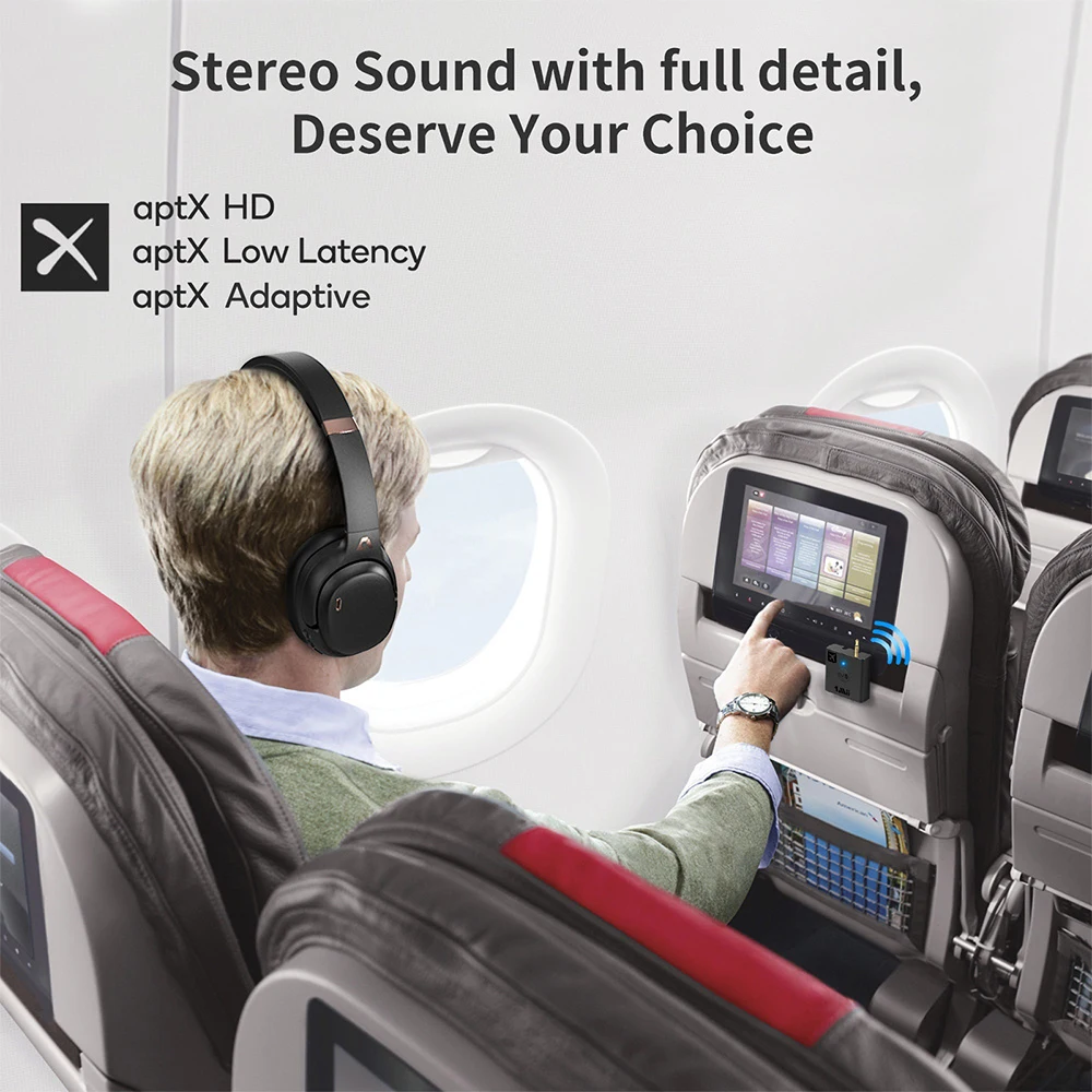 جهاز إرسال صوتي بلوتوث 5.3 مع aptX الكمون المنخفض لنظام الترفيه في الطيران، محول HiFi Bluetooth AUX