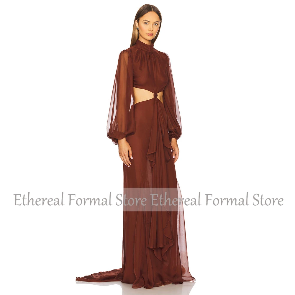 Modern Women's Evening Gown Mermaid Chiffon Formal Prom Dress Floor Length High Neck Party Dress Long Sleeves Saudi Dress