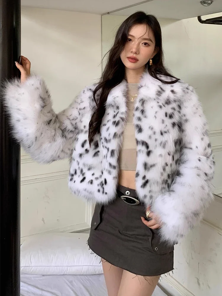 Luxury Leopard Print Fox Fur Coat for Women 2024 New High-end Stand Collar Slim High Waisted Cropped Real Fur Jacket Winter