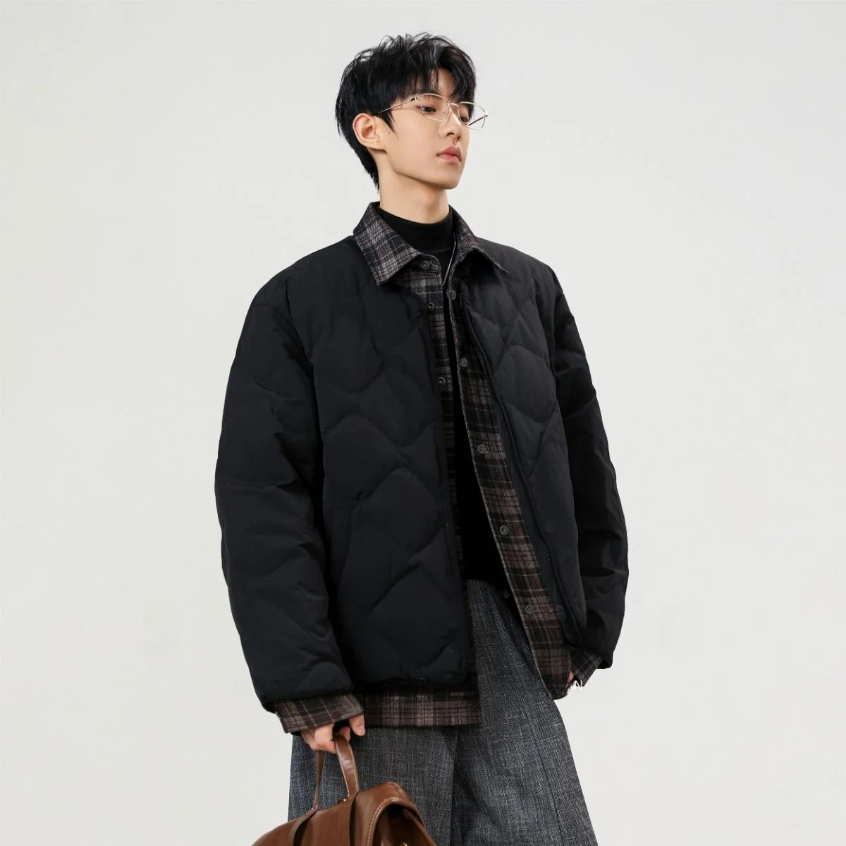 

Men's Winter Slim Fit Lightweight Plaid Patchwork down Jaet False Two-Piece Sle Casual Urban Outerwear Coat