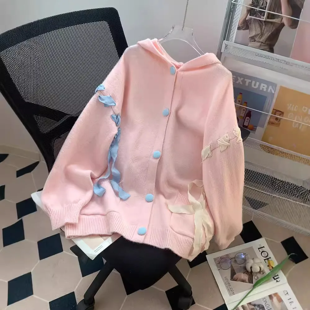 

Hooded Cardigan Sweater Women's Design Sense Tie Autumn and Winter 2024 New Loose Lazy Sweet pink Knitted Jacket