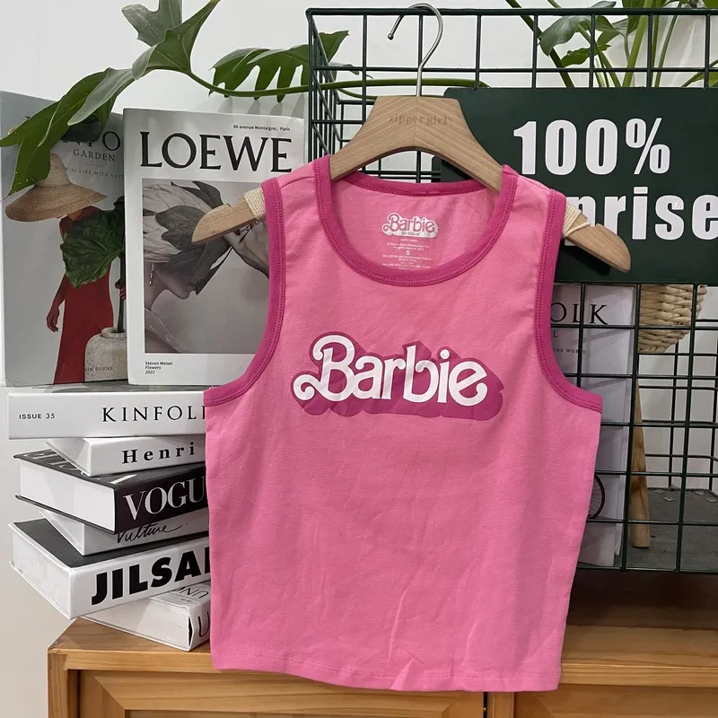 2024 Barbie Fashion Girls Round Neck Sexy Tank Tops Kawaii All-match Y2k Women Summer Slim Sleeveless Camisole Casual Vest Cloth