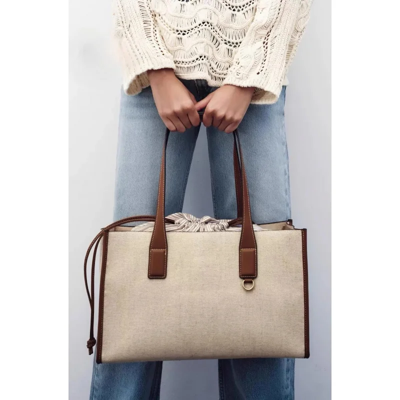 

Women's Contrast Color Matching Shoulder Tote Bag，Extra Large Capacity Canvas Shopping Bag，Fashionable Handbag