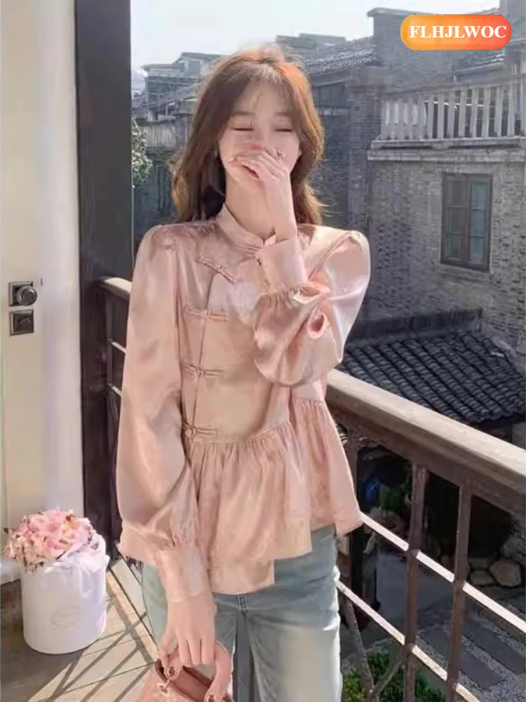 Rosa gola topos estilo chinês chi-pao blusas mulher nova 2026 primavera festa de casamento retro vintage barriga peplum camisas brancas