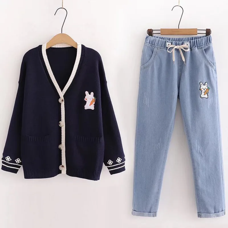 Rabbit Coat Y2K Mori Girl Style Casual Loose Solid Color Funny Cardigan V-Neck Sweater Button Coat Knitted Sweater Set Jeans New