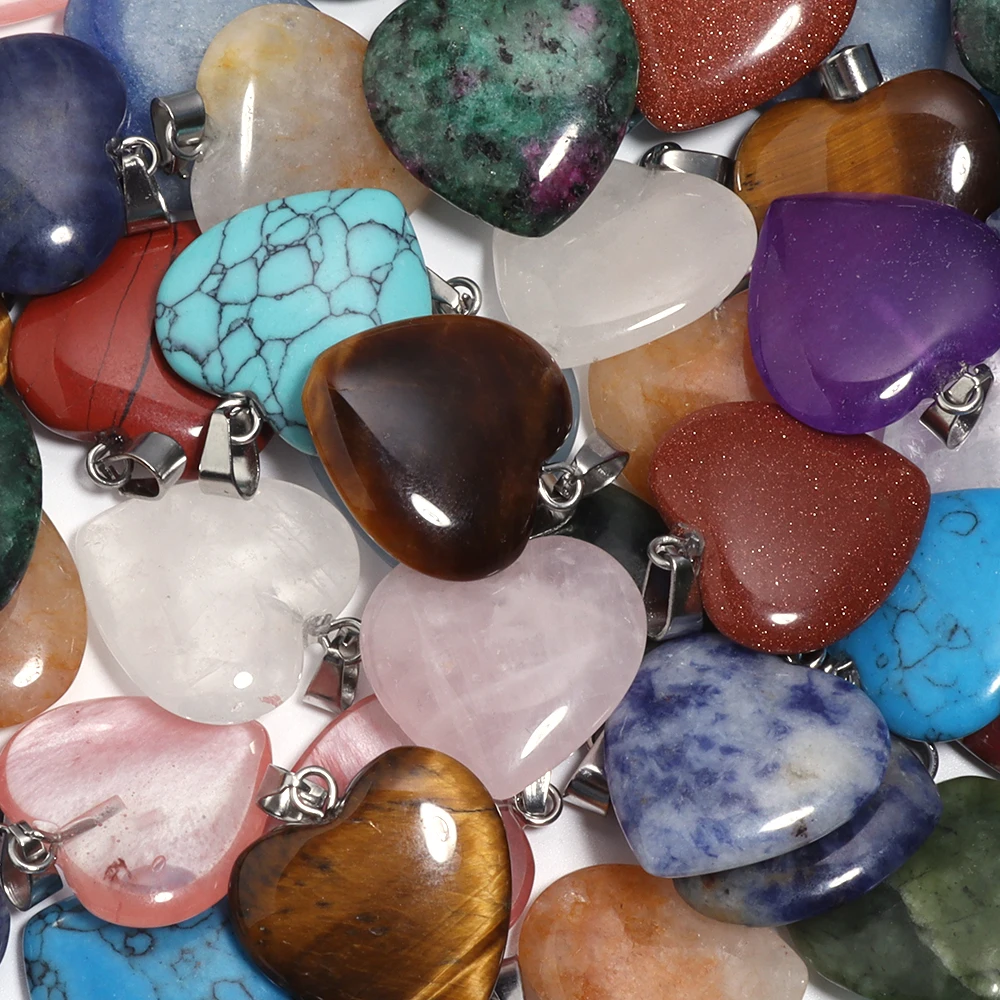 22X20mm Natural Stone Pendants Mix Color Heart Shape Charms Pendants Amethyst Opal Necklace Pendant For DIY Making Jewelry
