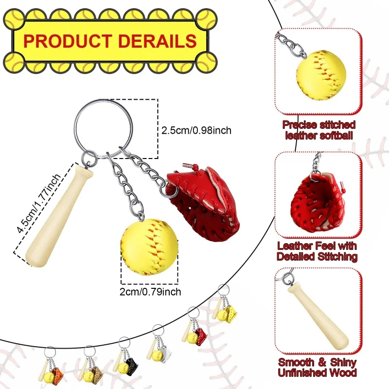 Softball Keychain Mini Wooden Bat Softball Keyring Hand-Stitched Leather Softball Keychains Team Softball Sports Party Favors