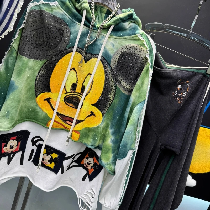 2025 Autumn New Sweet Sweatshirt Jacket Heavy Rhinestone Cartoon Distressed Fake Two-Piece Loose Hooded  Sudaderas For Women