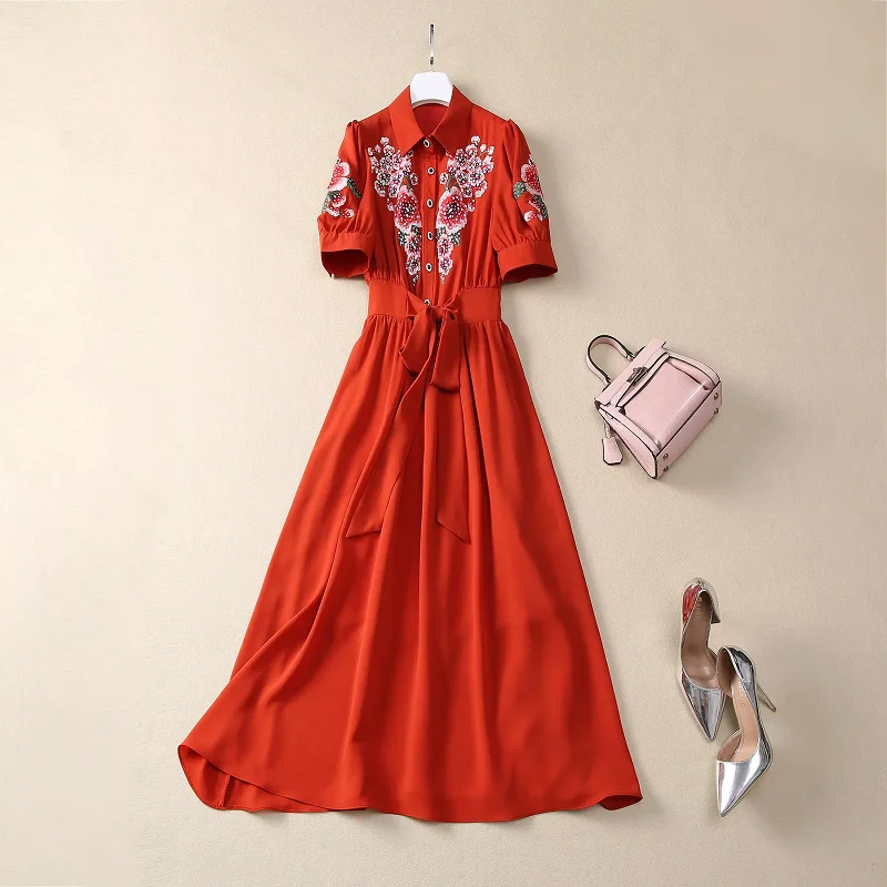 Luxury Dress 2025 Spring Summer Style Women Turn-down Collar Exquisite Embroidery Belt Deco Short Sleeve Orange Black Dress XXL