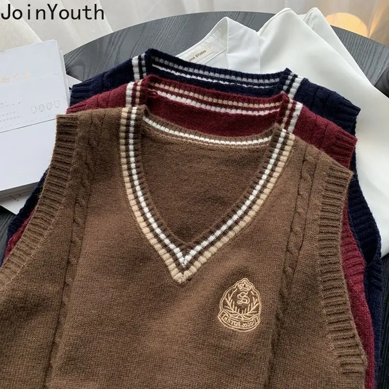 Preppy Style Vintage Vest Sweater for Women V-neck Sleeveless Y2k Tops Casual Fashion Knitting Tanks Korean Jumpers Ropa Mujer