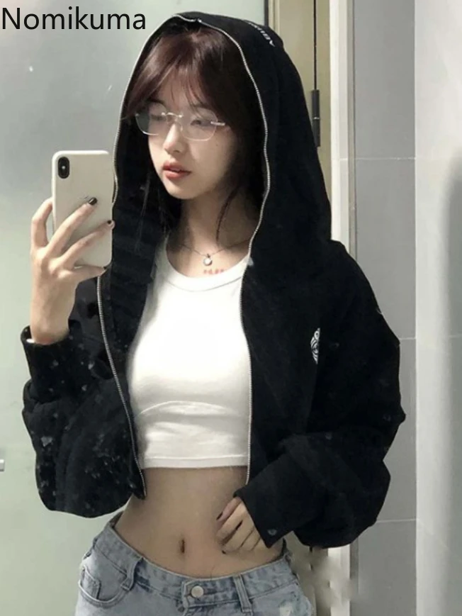 Streetwear Hoodies Frauen Harajuku lässig Kapuze Reiß verschluss Jacken Crop Tops Ropa Mujer lässig koreanische Mode y2k Sweatshirt